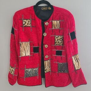 Vtg Allure Womens‎ Red Primitive Art Faux Animal Skin Patches Button-up Jacket